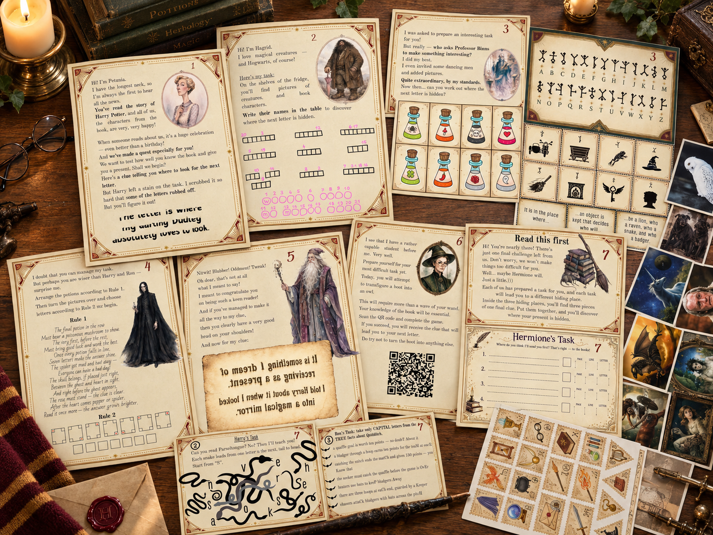 Printable wizard-school home mystery materials laid out on a wooden table